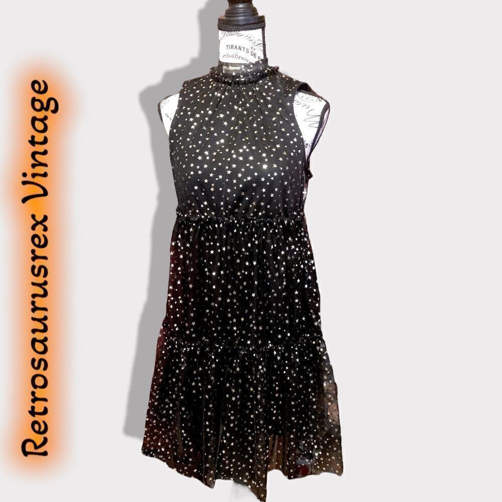 POPSUGAR Babydoll Gold Foil Star Tiered Little Black Party Dress, XS - Picture 6 of 8